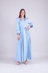 Bebe Mavi Uzun Kruvaze Yaka Kol Tesettür Abiye Elbise