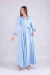 Bebe Mavi Uzun Kruvaze Yaka Kol Tesettür Abiye Elbise