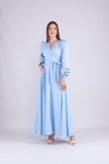 Bebe Mavi Uzun Kruvaze Yaka Kol Tesettür Abiye Elbise