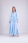 Bebe Mavi Uzun Kruvaze Yaka Kol Tesettür Abiye Elbise