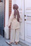 Bej Bağlama Detaylı Kimono İkili Tesettür Takım