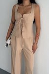 Bej Bağlama Detaylı Yelek Ve Pantolon İkili Takım