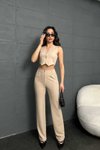 Beige Jacquard Vest Palazzo Pants Two-Piece Set