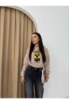 Bej Kapüşonlu Peluş Ayı Nakışlı Crop Sweatshirt