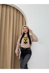 Bej Kapüşonlu Peluş Ayı Nakışlı Crop Sweatshirt