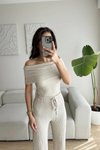 Bej Madonna Yaka Crop Ve Pantolon İkili Takım