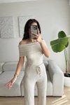 Bej Madonna Yaka Crop Ve Pantolon İkili Takım