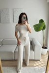 Bej Madonna Yaka Crop Ve Pantolon İkili Takım