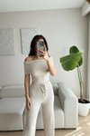 Bej Madonna Yaka Crop Ve Pantolon İkili Takım