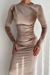 Bej Midi Kadife Drape Detaylı Uzun Kollu Elbise