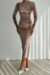 Bej Midi Kadife Drape Detaylı Uzun Kollu Elbise