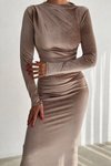 Bej Midi Kadife Drape Detaylı Uzun Kollu Elbise