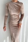 Bej Midi Kadife Drape Detaylı Uzun Kollu Elbise