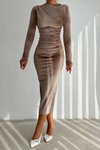 Bej Midi Kadife Drape Detaylı Uzun Kollu Elbise