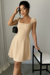 Beige Midi Square Neck Short Sleeve Scuba Crepe Fabric Dress