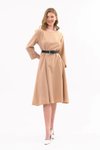 Bej Midi Kemerli Bisiklet Yaka Elbise