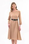 Bej Midi Kemerli Bisiklet Yaka Elbise