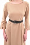 Bej Midi Kemerli Bisiklet Yaka Elbise