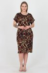 Bej Midi Leopar Desenli Büyük Beden Elbise