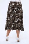 Bej Midi Leopar Desenli Yırtmaç Detaylı Yazlık Büyük Beden Etek