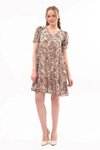 Beige Mini Ruched Detail Floral Pattern Chiffon Dress