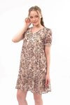 Bej Mini Büzgü Detaylı Çiçek Desenli Şifon Elbise