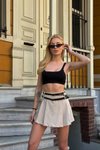 Bej Mini Çift Kemerli Şortlu Etek