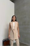 Bej Premium Yaka Detaylı Astarlı Uzun Yelek