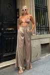 Bej Solve Geniş Kesim Saten Pantolon