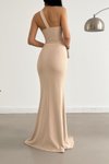 Bej Tek Omuz Askılı Scuba Kumaş Çapraz Yaka Balık Abiye Elbise