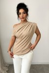 Beige One Shoulder Detail Scuba Crepe Fabric Blouse