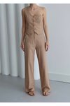 Bej Tek Omuz Detaylı Yelek-pantolonlu Premium Keten İkili Takım