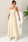 Beige Long Halter Neck Scuba Crepe Fabric Dress