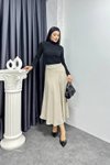 Bej Uzun Keten Kloş Etek
