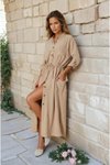 Beige Long Crepe Dress with Pockets and Roll-Up Sleeves, Ruched for Summer Casual Wear