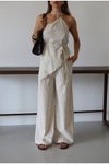 Beyaz Asimetrik Kesim Bağlama Detaylı Keten İkili Takım