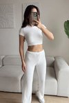 Beyaz Beli Bağcıklı Gofre Kumaş Salaş Pantolon