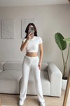 Beyaz Beli Bağcıklı Gofre Kumaş Salaş Pantolon