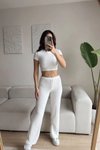 Beyaz Beli Bağcıklı Gofre Kumaş Salaş Pantolon