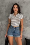 Beyaz Çizgili Polo Yaka Kısa Kol Crop