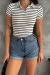 Beyaz Çizgili Polo Yaka Kısa Kol Crop