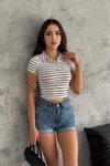 Beyaz Çizgili Polo Yaka Kısa Kol Crop