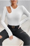 Beyaz Cut Out Uzun Kollu Fitilli Kaşkorse Bluz