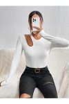 Beyaz Cut Out Uzun Kollu Fitilli Kaşkorse Bluz