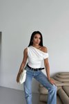 Beyaz Düşük Omuz Crop Bluz