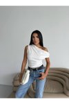 Beyaz Düşük Omuz Crop Bluz