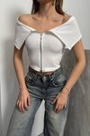 Beyaz Fermuarlı Madonna Yaka Ottoman Crop Bluz