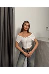 Beyaz Fermuarlı Madonna Yaka Ottoman Crop Bluz
