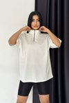 Beyaz Fermuarlı Unisex Oversize Tshirt