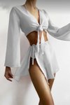 Beyaz Ispanyol Kollu Göbek Bağlamalı Tül Bluz Ve Bel Pareo Plaj Takım